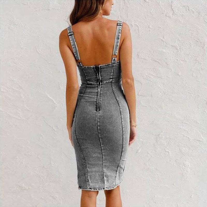 🥳2026 VARMT SALG🥳💞50 000+ SOLGT!💥50 % RABATT!👗💙 Trend denne sesongen | U-hals denimkjole med tettsittende passform | Enkel stil for enhver anledning ✨👜