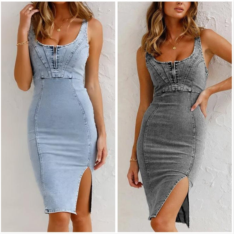 🥳2026 VARMT SALG🥳💞50 000+ SOLGT!💥50 % RABATT!👗💙 Trend denne sesongen | U-hals denimkjole med tettsittende passform | Enkel stil for enhver anledning ✨👜