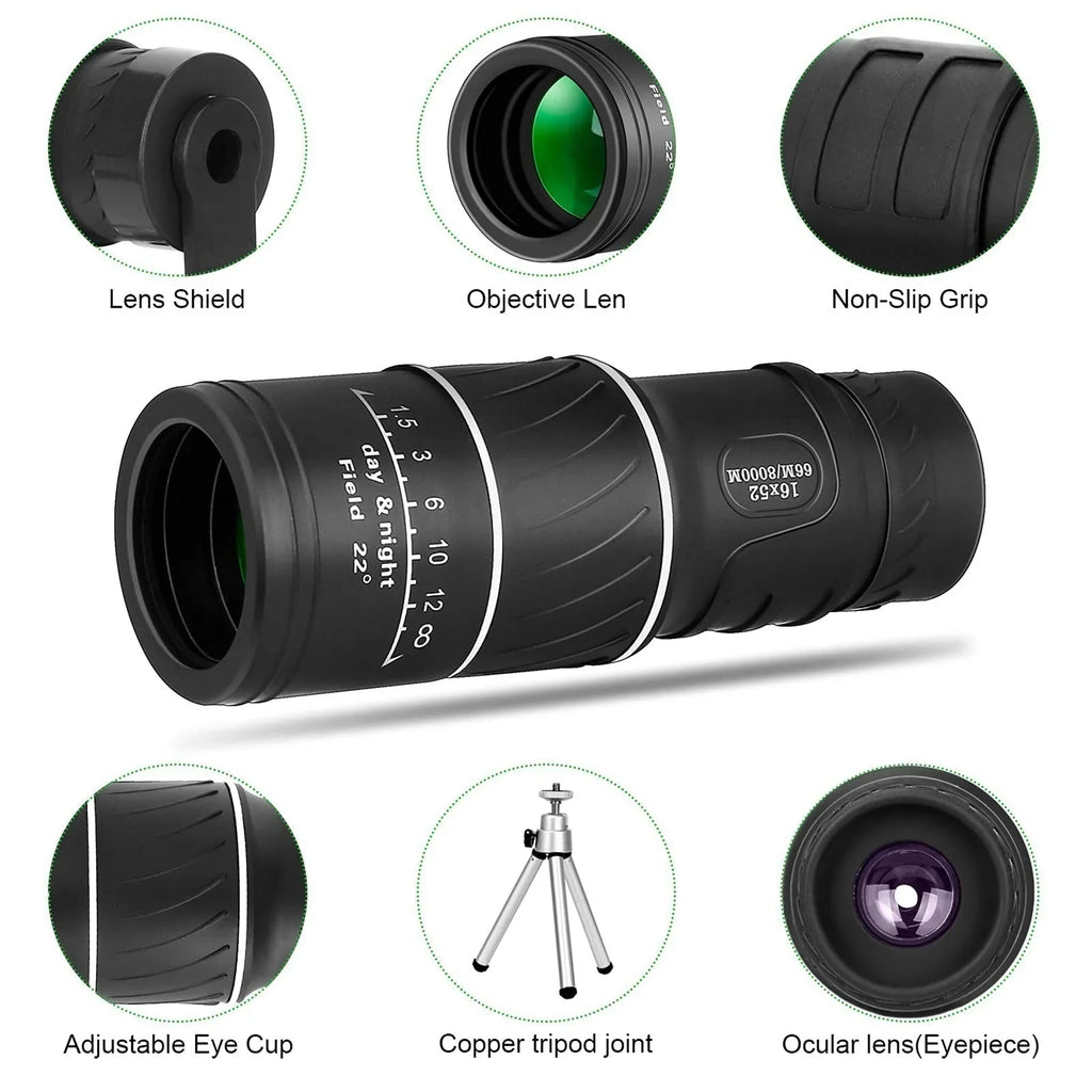 16X52 Monokulært teleskop med bifokal optisk zoom