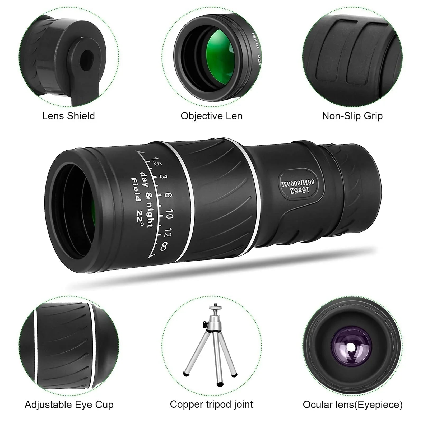 16X52 Monokulært teleskop med bifokal optisk zoom