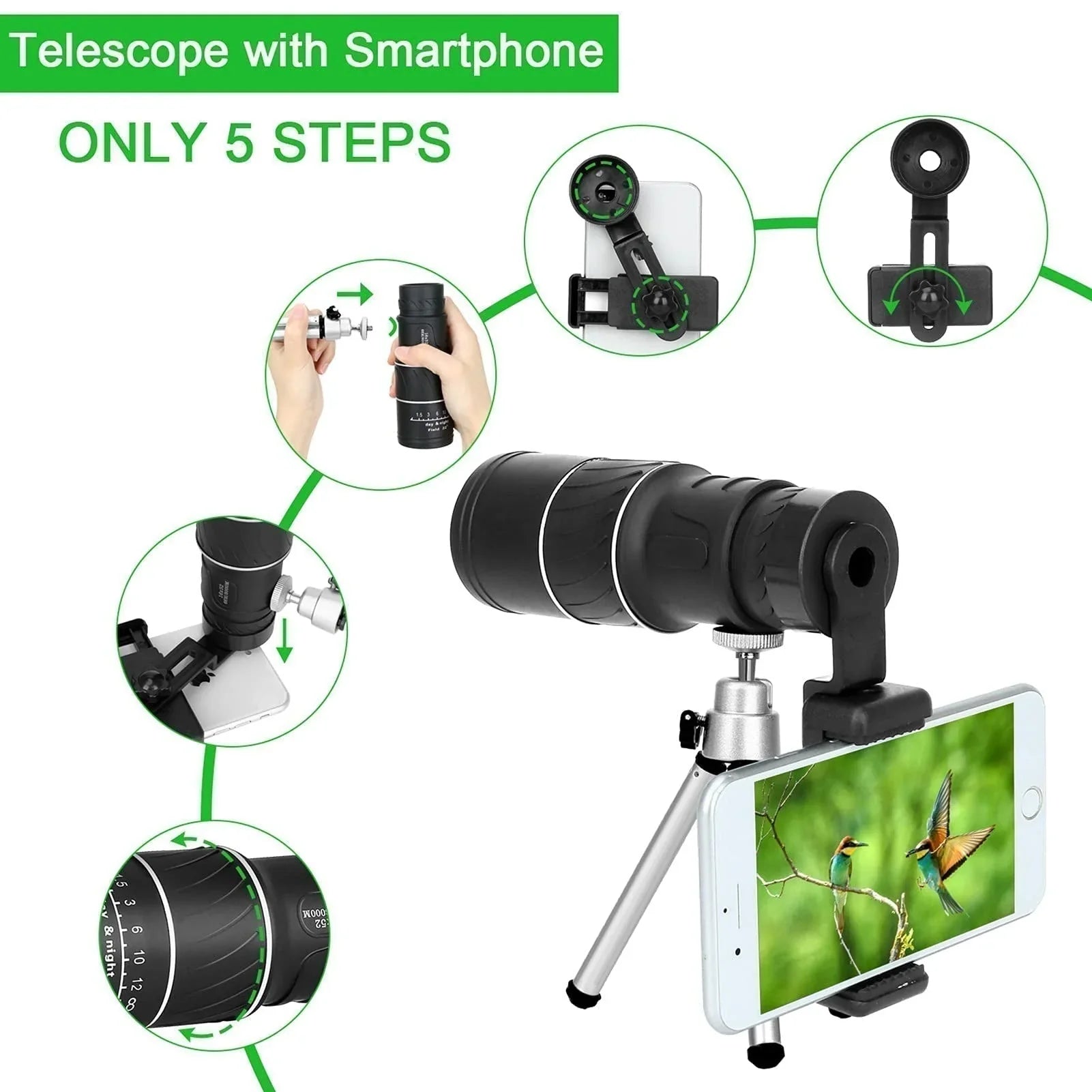 16X52 Monokulært teleskop med bifokal optisk zoom