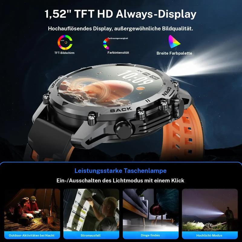 1.52 HD-smartklokke for menn – Telefonsamtaler og musikkkontroll – Flere sportsmoduser – IP68-vanntett – Lang batterilevetid – Fitnessklokke for Android og iPhone