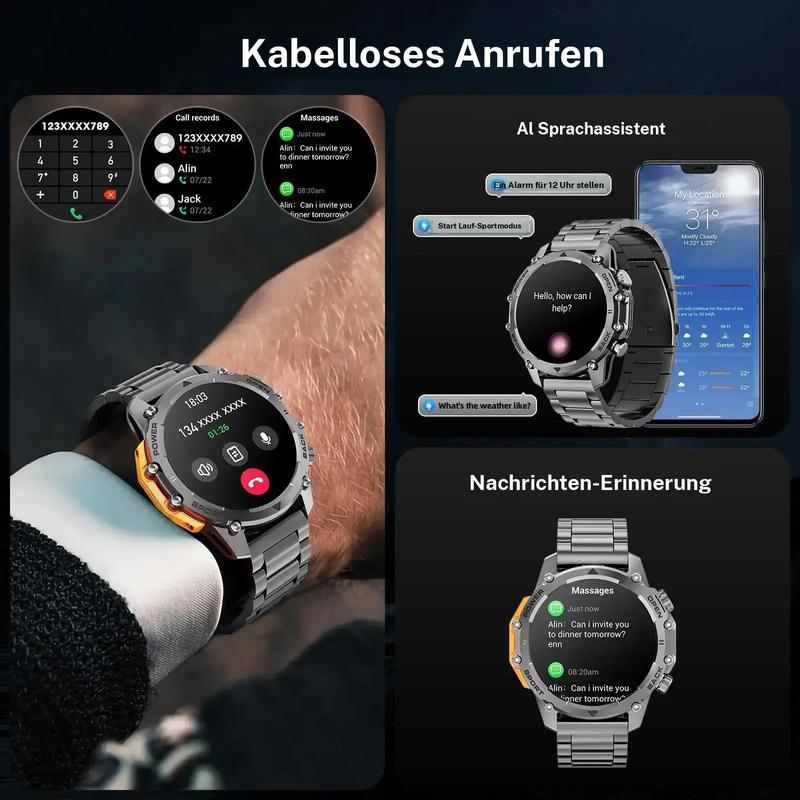 1.52 HD-smartklokke for menn – Telefonsamtaler og musikkkontroll – Flere sportsmoduser – IP68-vanntett – Lang batterilevetid – Fitnessklokke for Android og iPhone