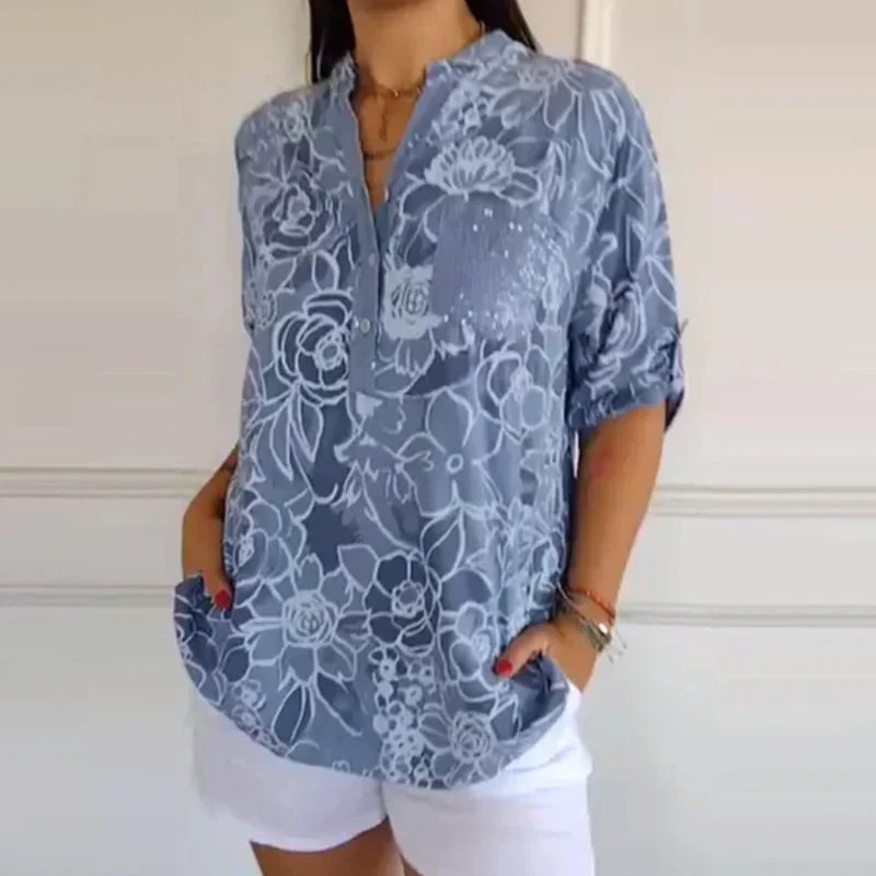 🌸50 000+ kvinner elsker det | 50 % RABATT | Printet bluse for daglig eleganse – Blomsterprint. myk. S-4XL ✨