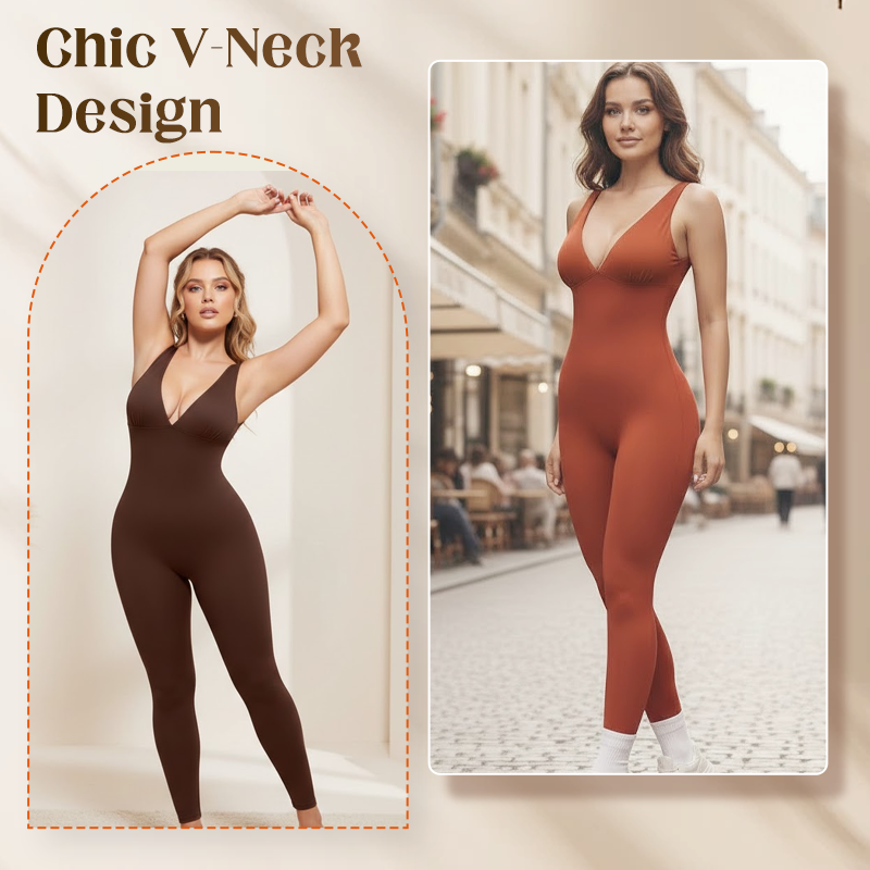 Jumpsuit med høy stretch med V-hals for trening og yoga