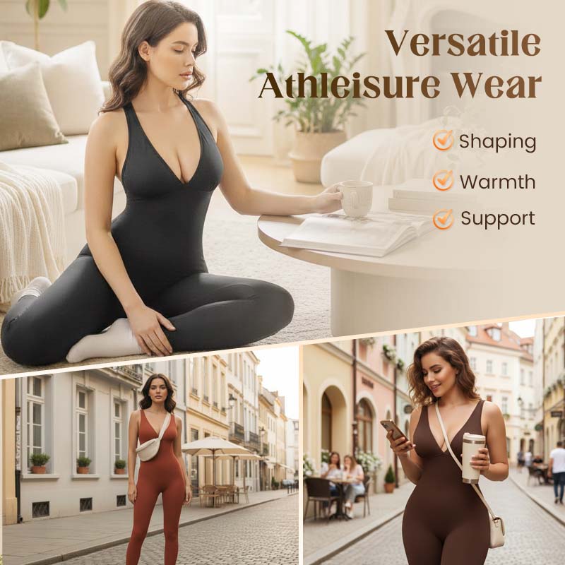 Jumpsuit med høy stretch med V-hals for trening og yoga