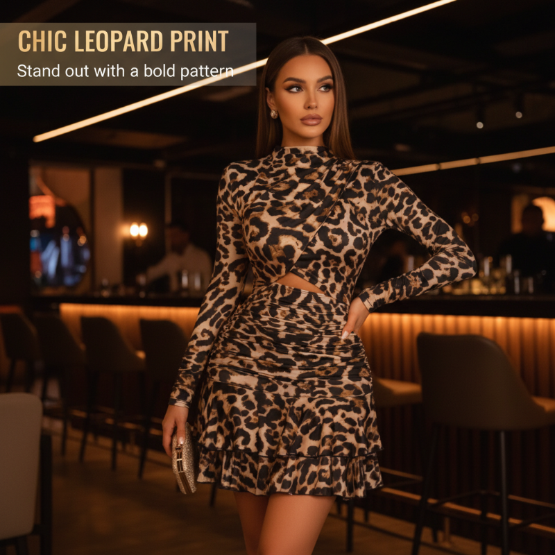 🥳2026 HOT SALG🥳💞50 000+ SOLGT!👵💃 50% RABATT! Leopardprint med rynket minikjole – Myk stretch. flatterende rynking som sitter på magen. Elegant trykk. leken lengde. Perfekt til middager eller fester. 🐆✨
