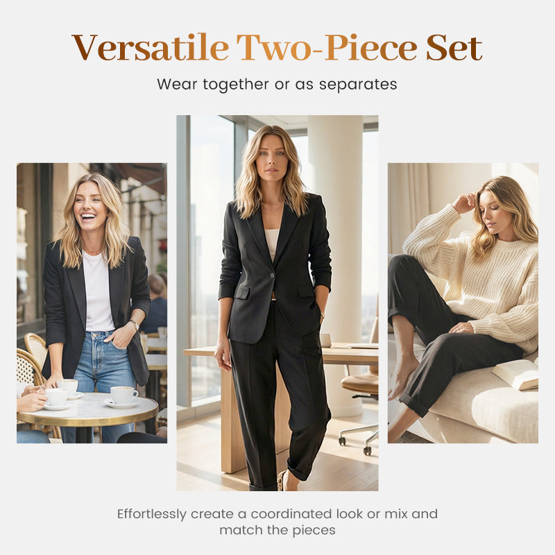 🥳2026 TOPPSALG🥳💞Over 50 000 solgt!🎀💫 50 % RABATT! Sett med smalere bukser og blazer for damer – Åpen front. avslappet passform. Nøytrale farger som passer til alt. Uanstrengt eleganse for enhver anledning. 🛡️🕊️