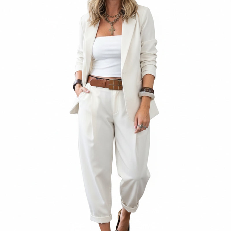 🥳2026 TOPPSALG🥳💞Over 50 000 solgt!🎀💫 50 % RABATT! Sett med smalere bukser og blazer for damer – Åpen front. avslappet passform. Nøytrale farger som passer til alt. Uanstrengt eleganse for enhver anledning. 🛡️🕊️